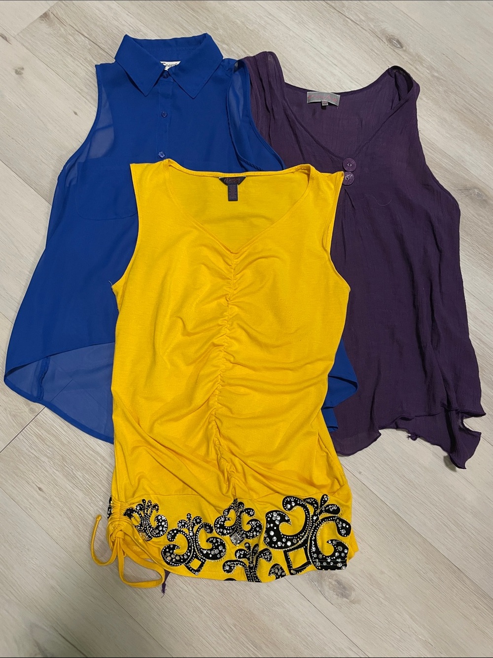 Yellow Ruched Sleeveless Tank Top with Embellished Hem with Two Additional Tanks